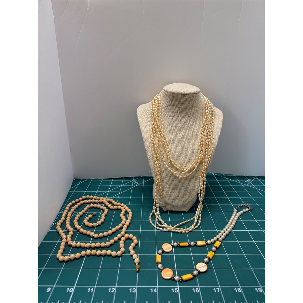 Vintage Necklace Lot 3pc Faux Pearl Multi Strand Peach Beaded Shell Boho Mix